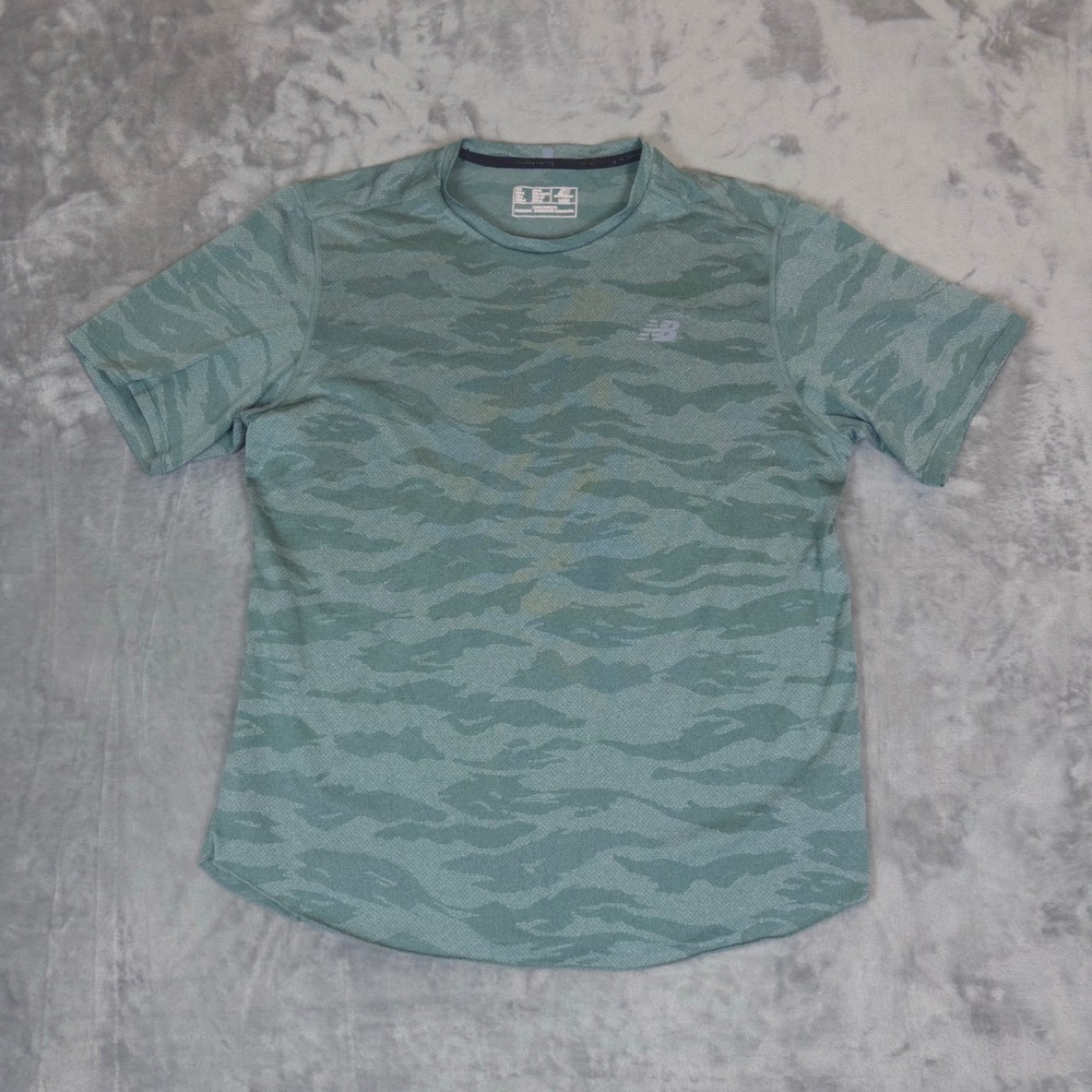 New Balance Running Shirt Mens Large Green Camo Mesh Short Sleeve Athletic Tee